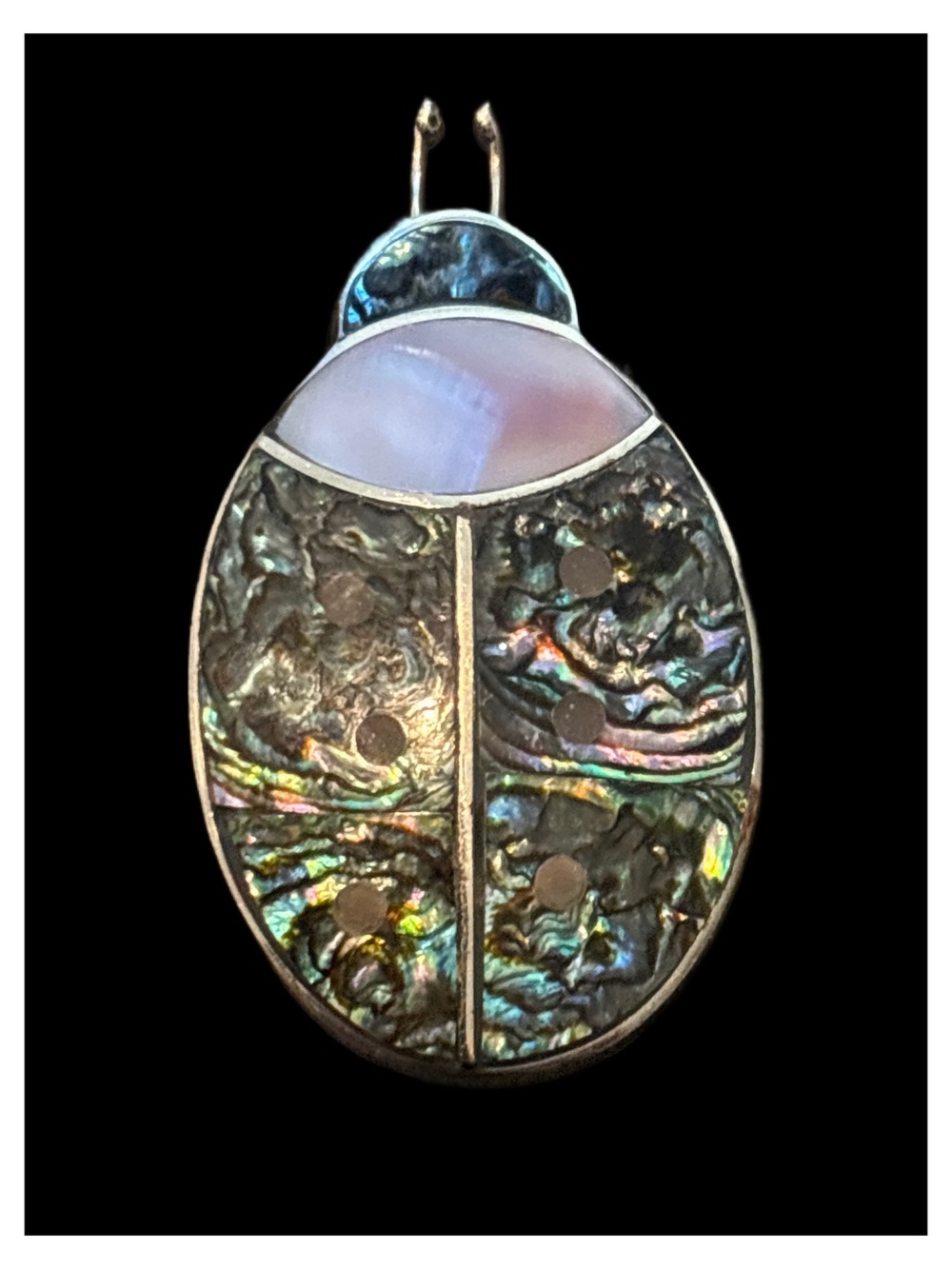 Abalone Shell & MOP Ladybug Brooch- Iridescent Green/Blue